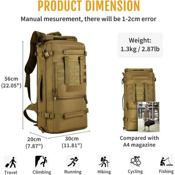 50L Tactical MOLLE Backpack Military Hiking Travel Bag Crossbody Handbag - Picture 3 of 7